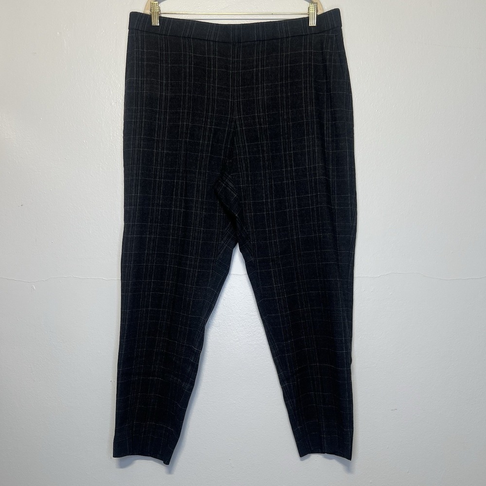 Eileen Fisher Womens XL Windowpane Pants Grey Plaid Stretch Wool Pull On